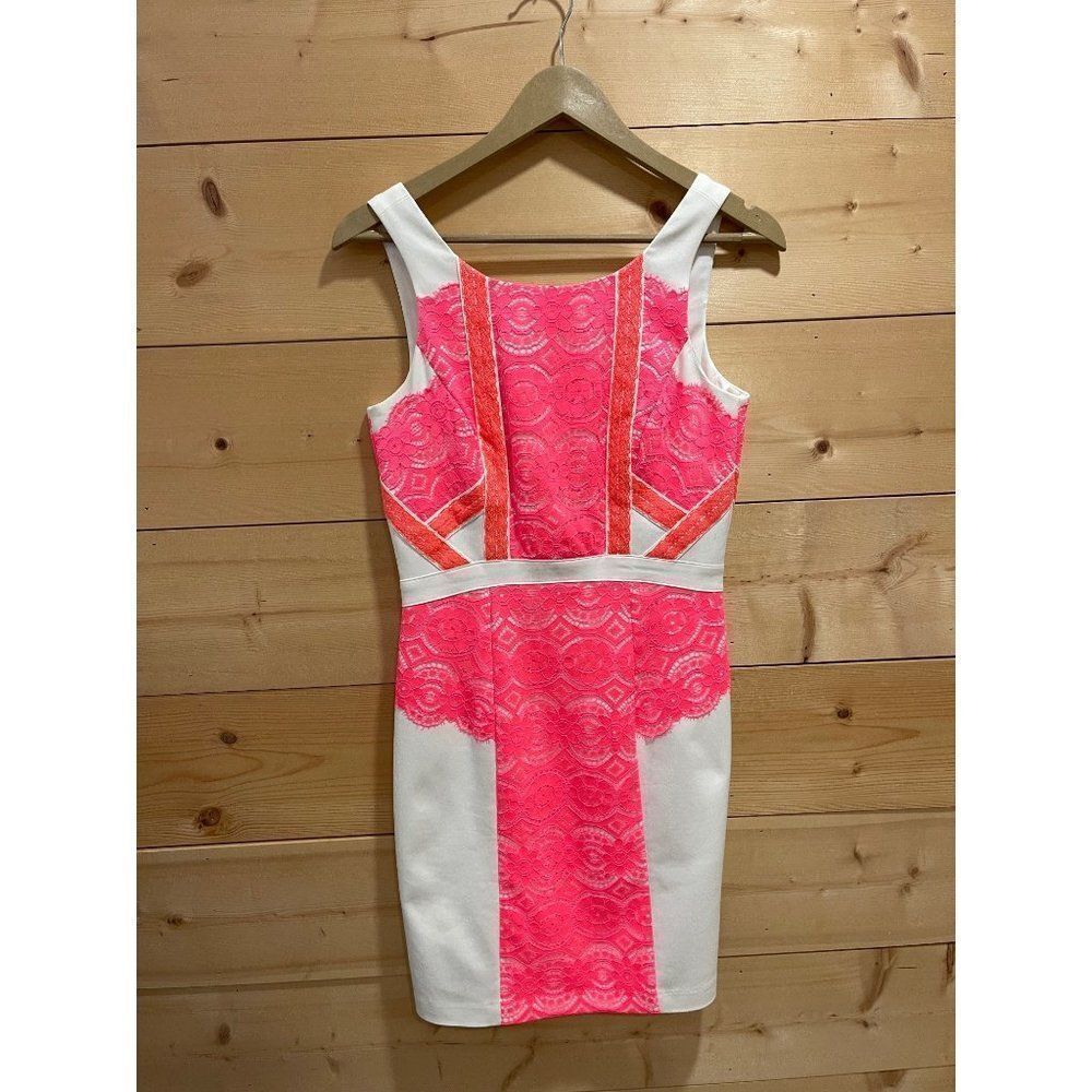 Gianni Bini White & Hot Pink Lace Dress Sz 4 EUC